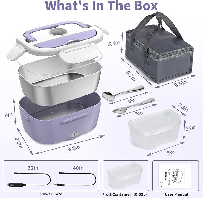 Vingud Electric Lunch Box for Adults, Heated Lunch Box Food Warmer, 80W Portable Heating Lunchbox for Women/Work/Car/Truck, 12/24/110V Lonchera Eléctrica Portátil Christmas White Elephant Gifts,Violet