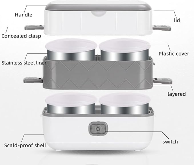 TrailBlaze Electric Warmer Lunch Box Food Heater Portable Mini Rice Cooker, Containers Warming Self Cooking Electric Lunch Box, Toursion 2 Layers Steamer Lunch Box for Home Office School Travel
