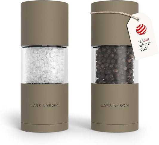 LARS NYSØM Salt and Pepper Grinder Set, Manual Salt and Pepper Mills with Adjustable Ceramic Grinder, Design Spice Shaker Set (Taupe Brown)