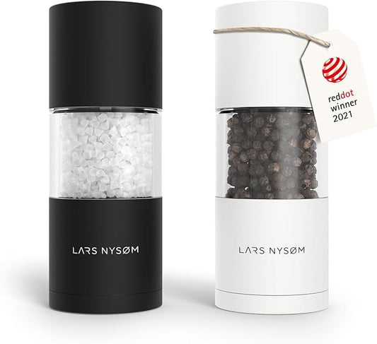 LARS NYSØM Salt and Pepper Grinder Set, Manual Salt and Pepper Mills with Adjustable Ceramic Grinder, Design Spice Shaker Set (Black/White)