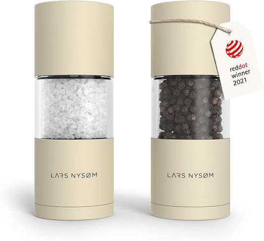 LARS NYSØM Salt and Pepper Grinder Set, Manual Salt and Pepper Mills with Adjustable Ceramic Grinder, Design Spice Shaker Set (Almond Beige)