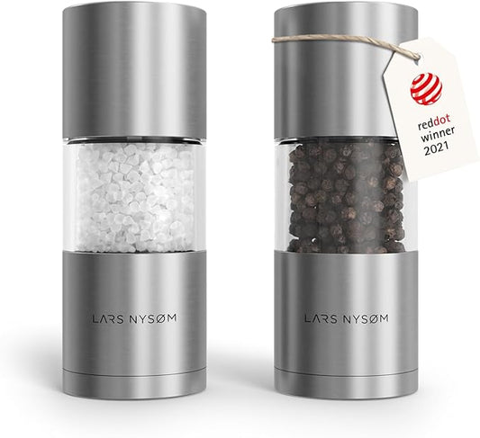 LARS NYSØM Salt and Pepper Grinder Set, Manual Salt and Pepper Mills with Adjustable Ceramic Grinder, Design Spice Shaker Set (Stainless Steel)