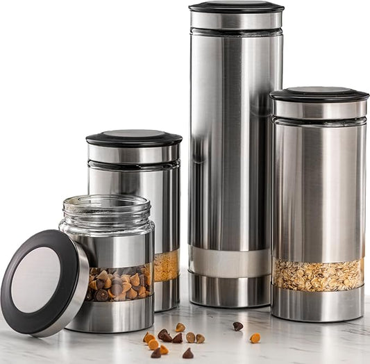 Le'raze Quality Stainless Steel Canister Set of 4 for Kitchen Counter with Glass Window & Airtight Lid - Food Storage Containers with Lids Airtight - Pantry Storage and Organization Set