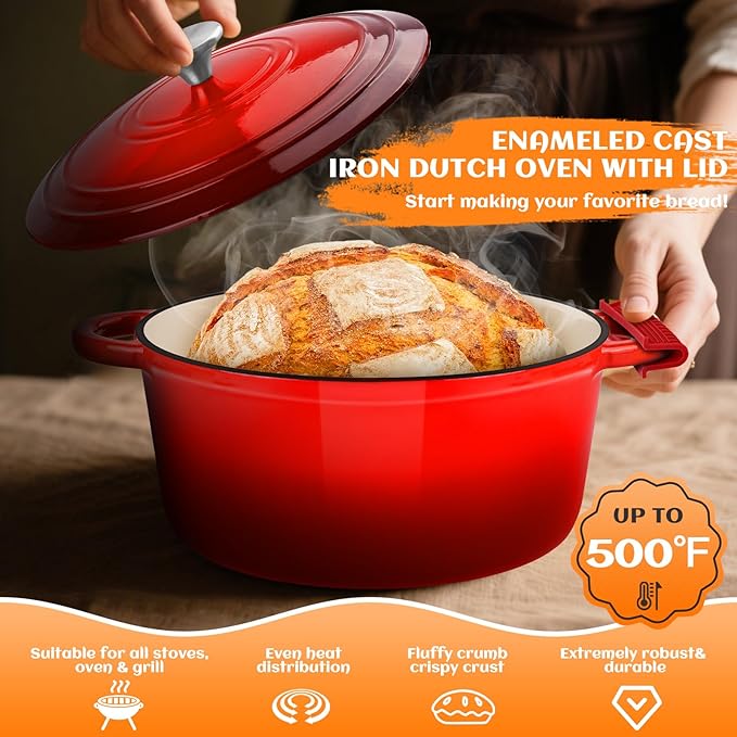 Enameled Cast Iron Dutch Oven Pot with Lid, Incl. Sourdough Bread Baking Supplies Like Banneton Bread Proofing Basket, Starter Jar, Scoring Tool Lame, 5QT Dutch Oven for Bread Baking, Oven Safe up to 500째F