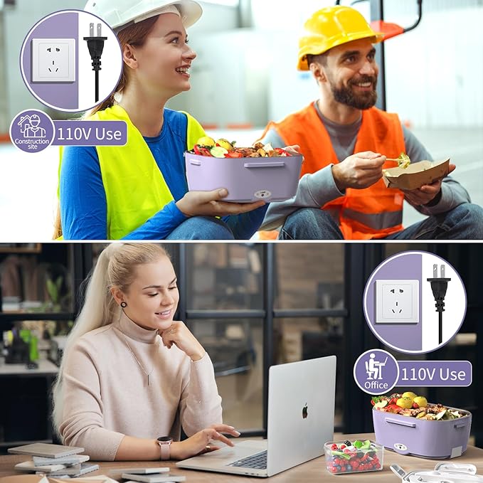 Vingud Electric Lunch Box for Adults, Heated Lunch Box Food Warmer, 80W Portable Heating Lunchbox for Women/Work/Car/Truck, 12/24/110V Lonchera Eléctrica Portátil Christmas White Elephant Gifts,Violet