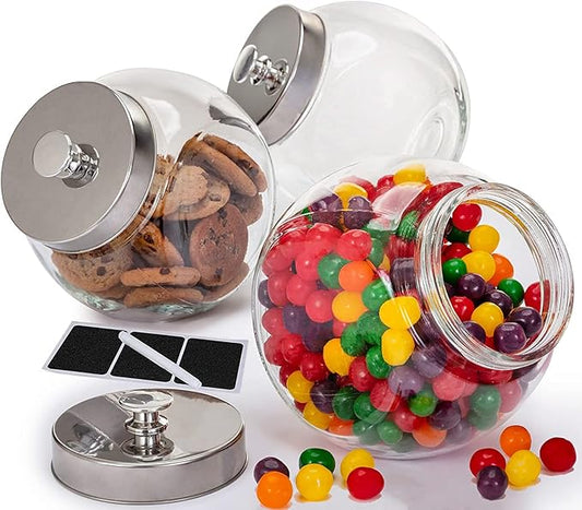 Glass Cookie Jars for Kitchen Counter (3 Pack) 75oz Food Storage Canisters with Airtight Lids + Marker & Labels, Coin & Penny Jar for Candy Buffet, Coffee, Laundry Detergent Holder