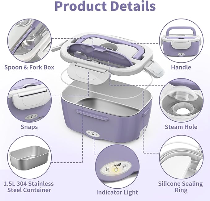 Vingud Electric Lunch Box for Adults, Heated Lunch Box Food Warmer, 80W Portable Heating Lunchbox for Women/Work/Car/Truck, 12/24/110V Lonchera Eléctrica Portátil Christmas White Elephant Gifts,Violet