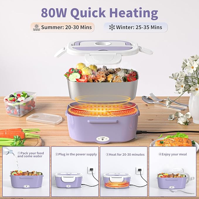 Vingud Electric Lunch Box for Adults, Heated Lunch Box Food Warmer, 80W Portable Heating Lunchbox for Women/Work/Car/Truck, 12/24/110V Lonchera Eléctrica Portátil Christmas White Elephant Gifts,Violet