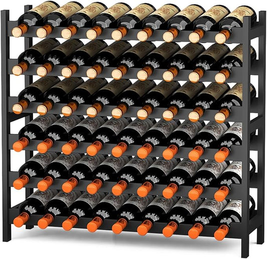 Wine Rack Freestanding Floor, Bamboo 6-Tier 51 Wine Bottle Holder Racks Countertop Cabinet Display, Wooden Stackable Modular Wine Storage Organizer Shelves for Kitchen Bar Cellar Dining Room Black