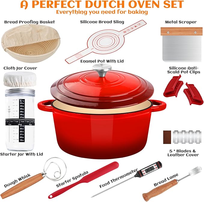 Enameled Cast Iron Dutch Oven Pot with Lid, Incl. Sourdough Bread Baking Supplies Like Banneton Bread Proofing Basket, Starter Jar, Scoring Tool Lame, 5QT Dutch Oven for Bread Baking, Oven Safe up to 500째F