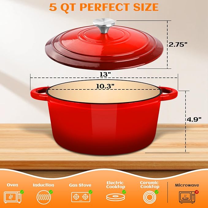 Enameled Cast Iron Dutch Oven Pot with Lid, Incl. Sourdough Bread Baking Supplies Like Banneton Bread Proofing Basket, Starter Jar, Scoring Tool Lame, 5QT Dutch Oven for Bread Baking, Oven Safe up to 500째F