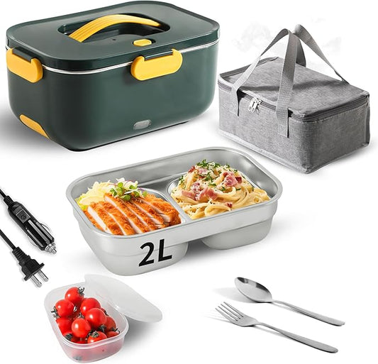 Meng Ke'en Electric Lunch Box 80W/2L Detachable Stainless Steel Container 12V/24V/110V Electric Lunch Box Portable Food Warmer (Green Double Compartments)