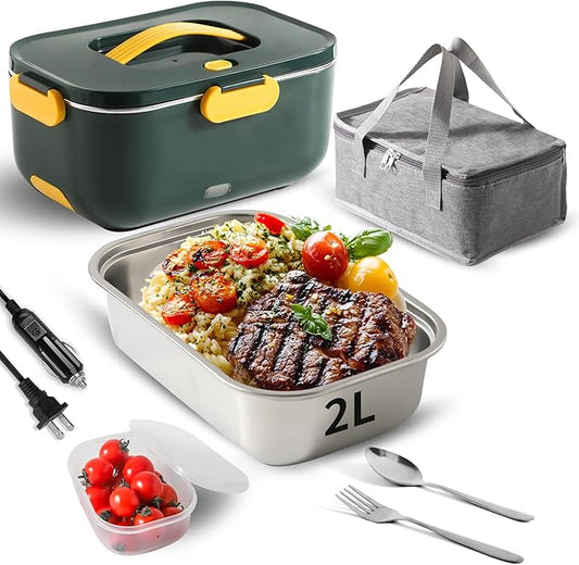Meng Ke'en Electric Lunch Box 80W/2L Detachable Stainless Steel Container 12V/24V/110V Electric Lunch Box Portable Food Warmer (greenSingle Compartment)