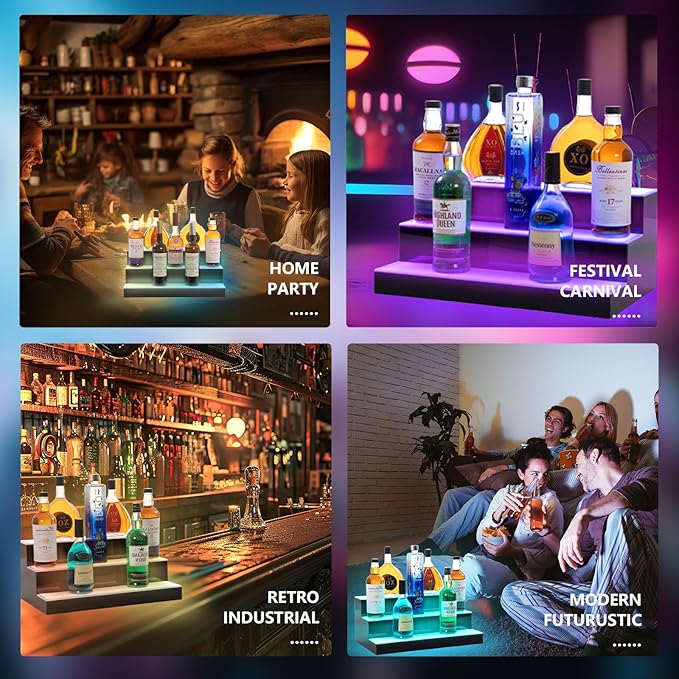 Led Lighted Liquor Bottle Display Shelf, 20 Inch 3 Tier Whiskey Rack, Support USB, Bar Stand with RF Remote & App Control, Illuminated Acrylic Lighting Shelves for 18 Bottles, Home Bar, Party