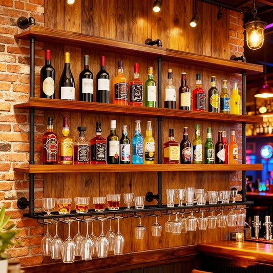 Wall Mounted Wine Rack with LED Light, 4 Tiers Large Wine Rack with Wine Glass Holder. lron & Wood Liquor Bottles Floating Shelves Display Storage for Bar, Kitchen, Cafe (Walnut, 160cm/63in)