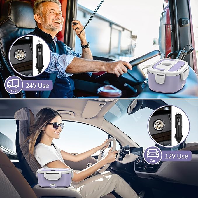 Vingud Electric Lunch Box for Adults, Heated Lunch Box Food Warmer, 80W Portable Heating Lunchbox for Women/Work/Car/Truck, 12/24/110V Lonchera Eléctrica Portátil Christmas White Elephant Gifts,Violet
