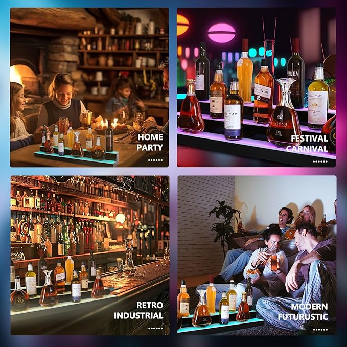 Led Lighted Liquor Bottle Display Shelf, 30 Inch 3 Tier Whiskey Rack, Support USB, Bar Stand with RF Remote & App Control, Illuminated Acrylic Lighting Shelves for Home Bar, Party